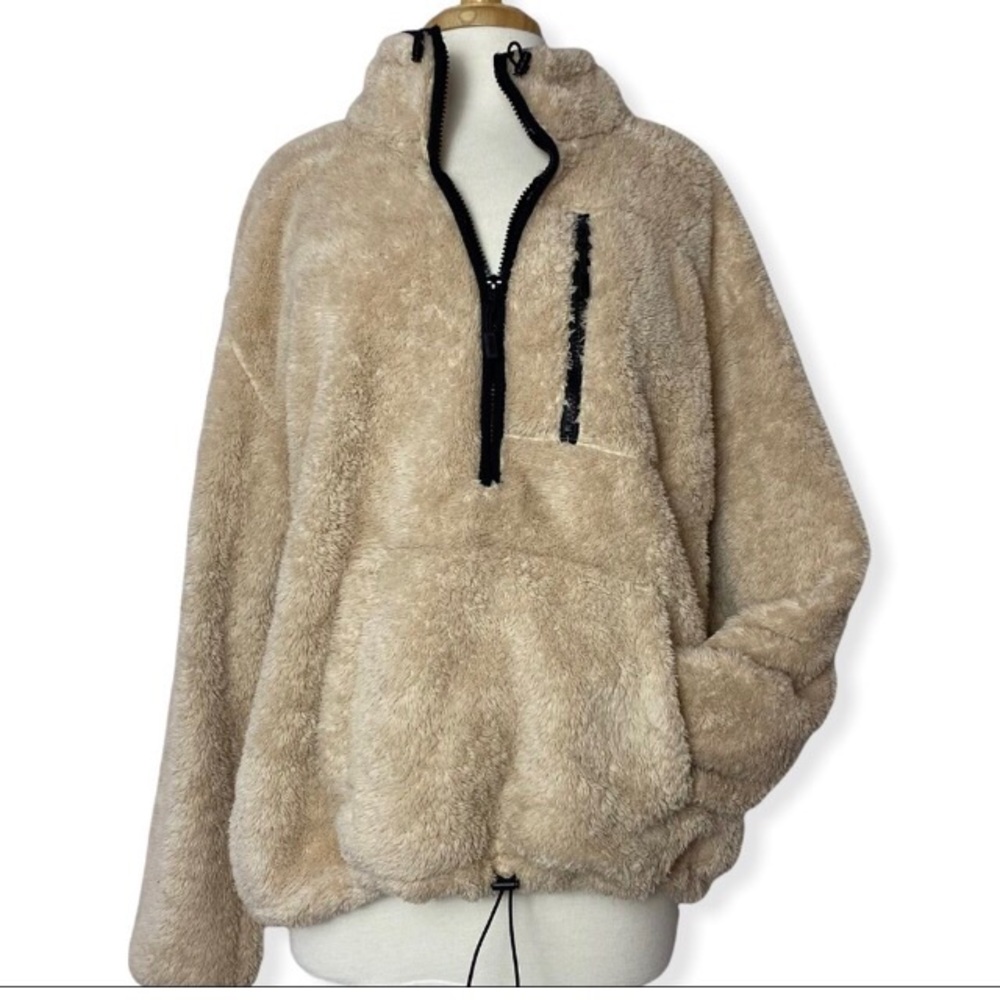 Pink Victoria’s Secret Ivory Fuzzy Teddy Jacket 1/2 Zip pullover Size XL